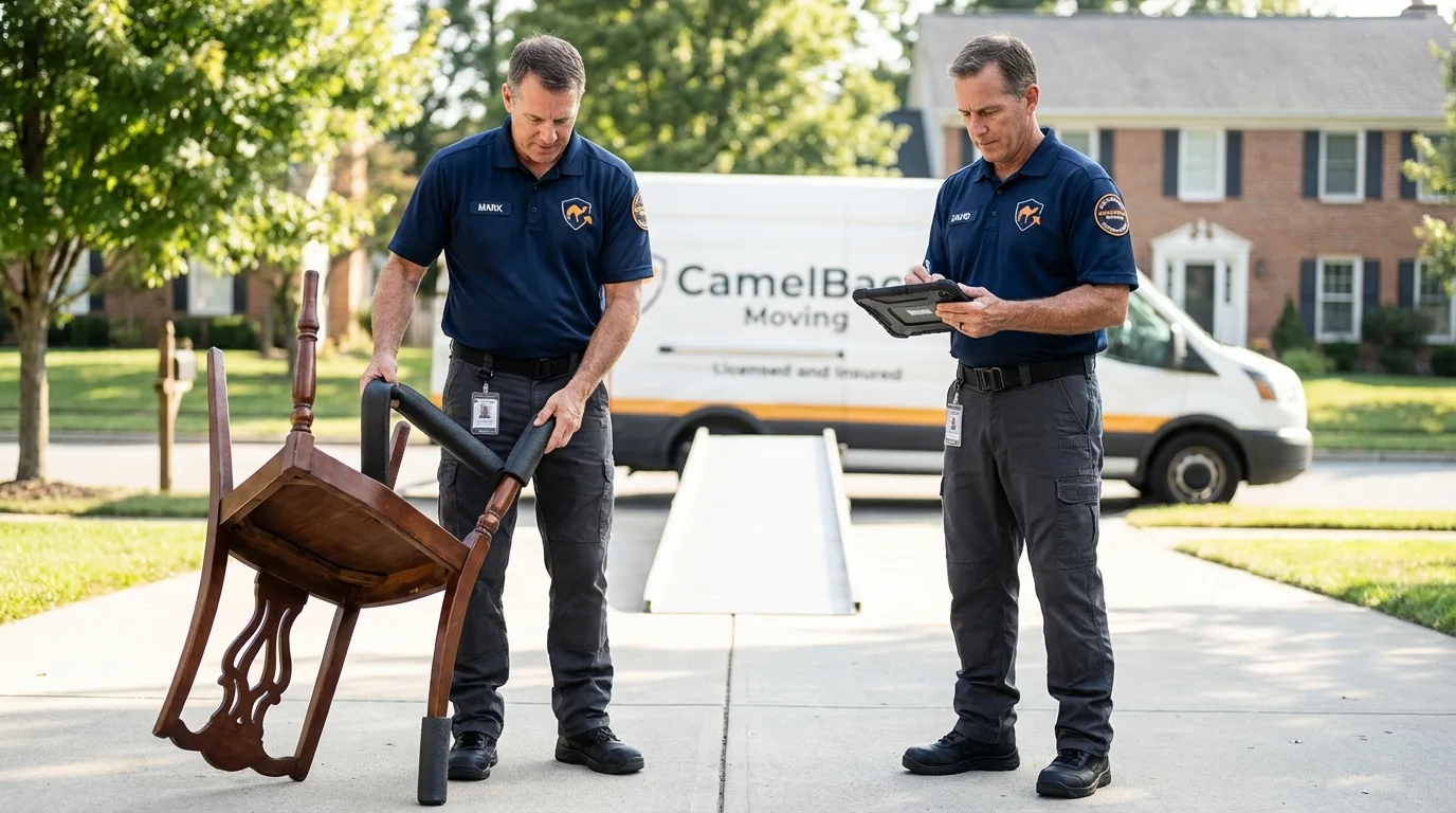 Movers inspecting furniture for damage prevention before loading in Lutz, FL